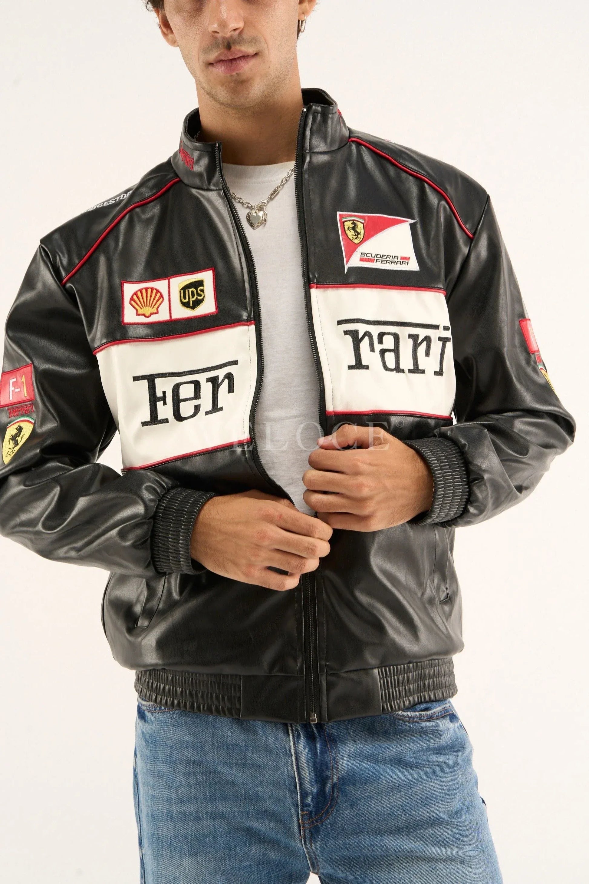 Veste en cuir vintage Ferrari F1 - Édition blanche