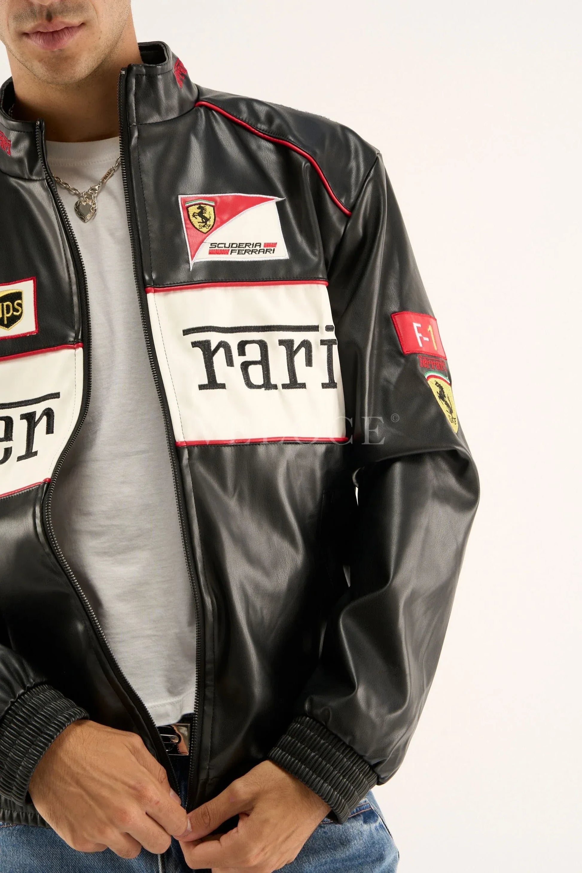 Veste en cuir vintage Ferrari F1 - Édition blanche