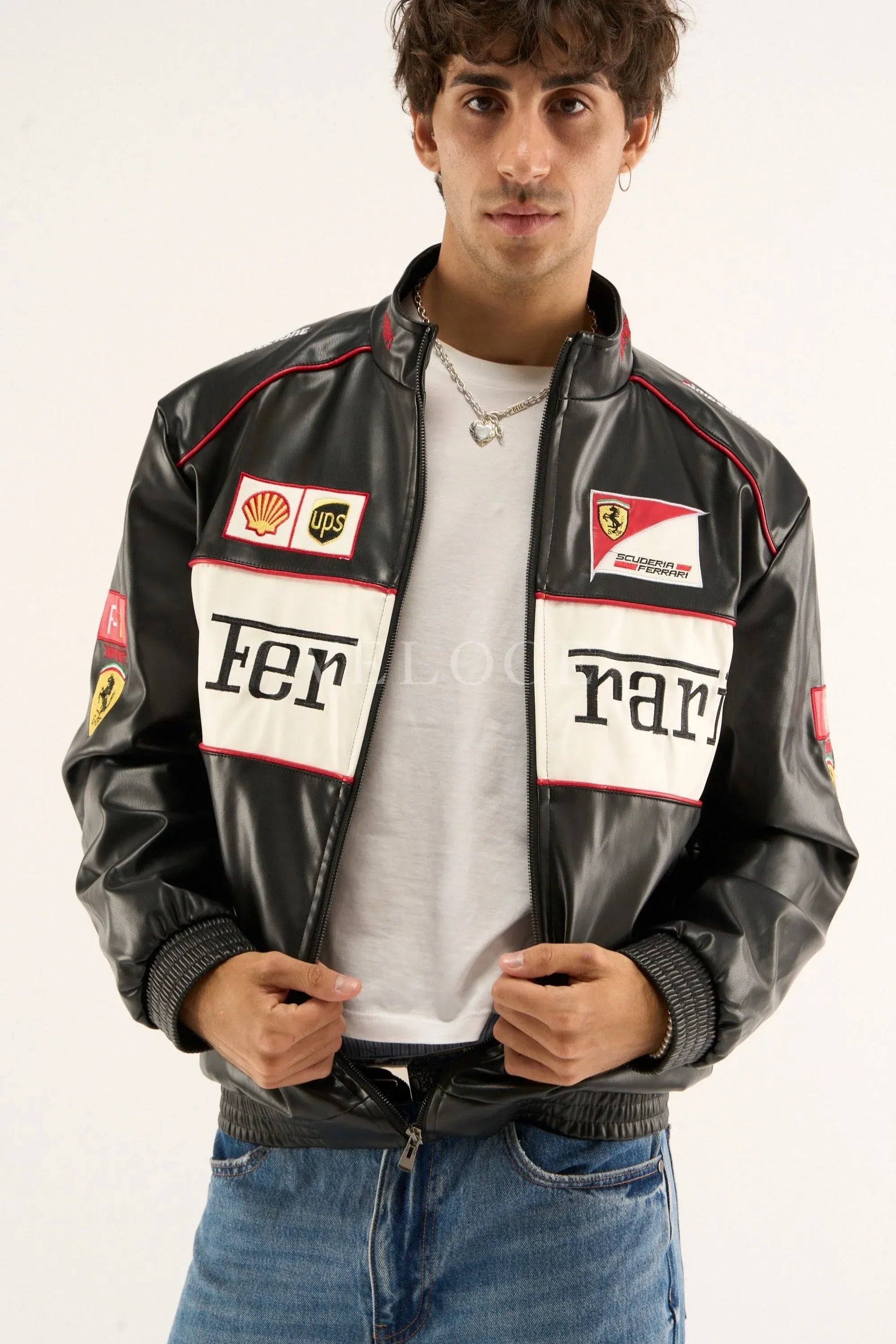 Veste en cuir vintage Ferrari F1 - Édition blanche